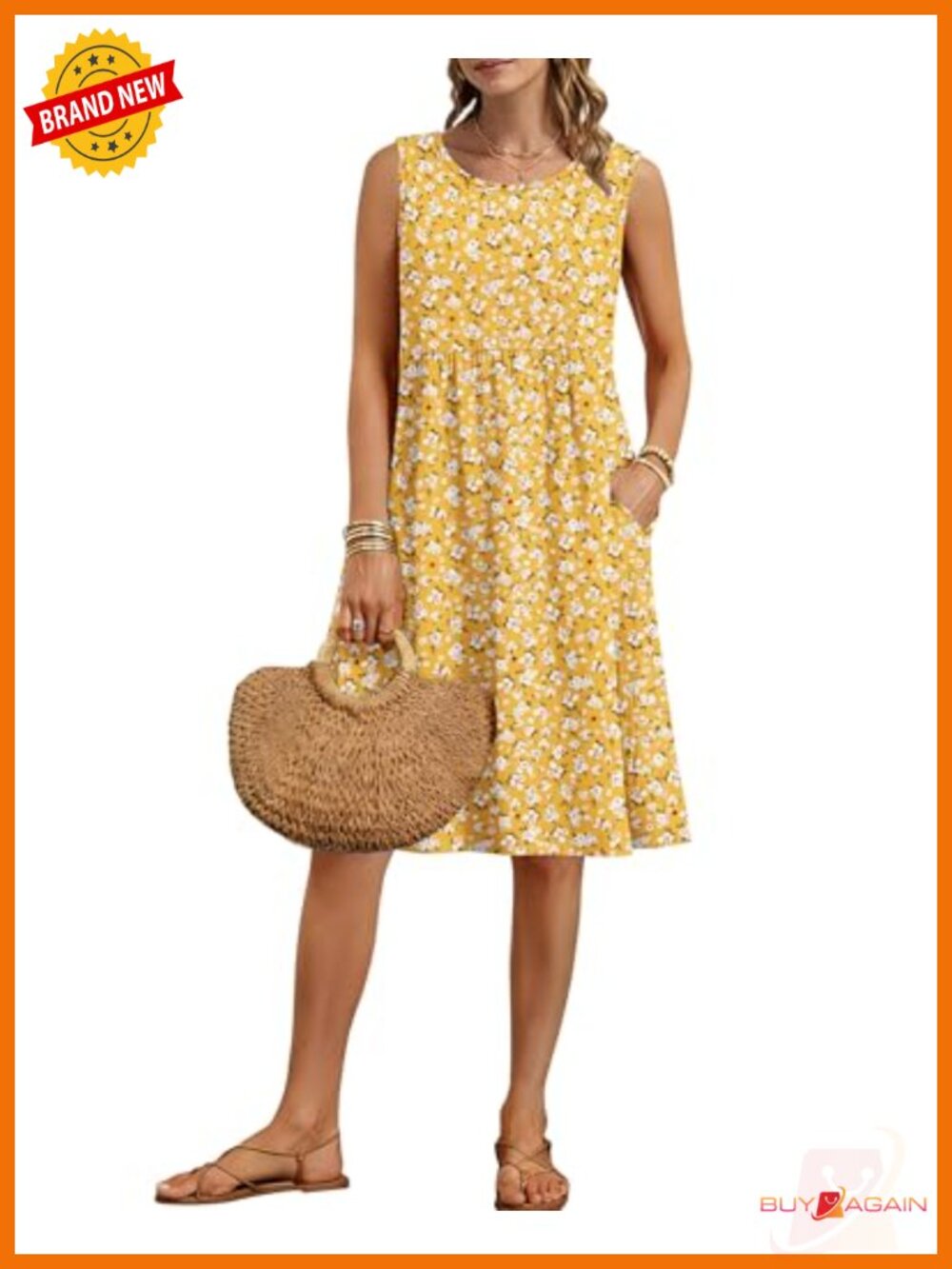 A-Line Sleeveless Knee Length Sundress with Pockets Lightweight High Stretch